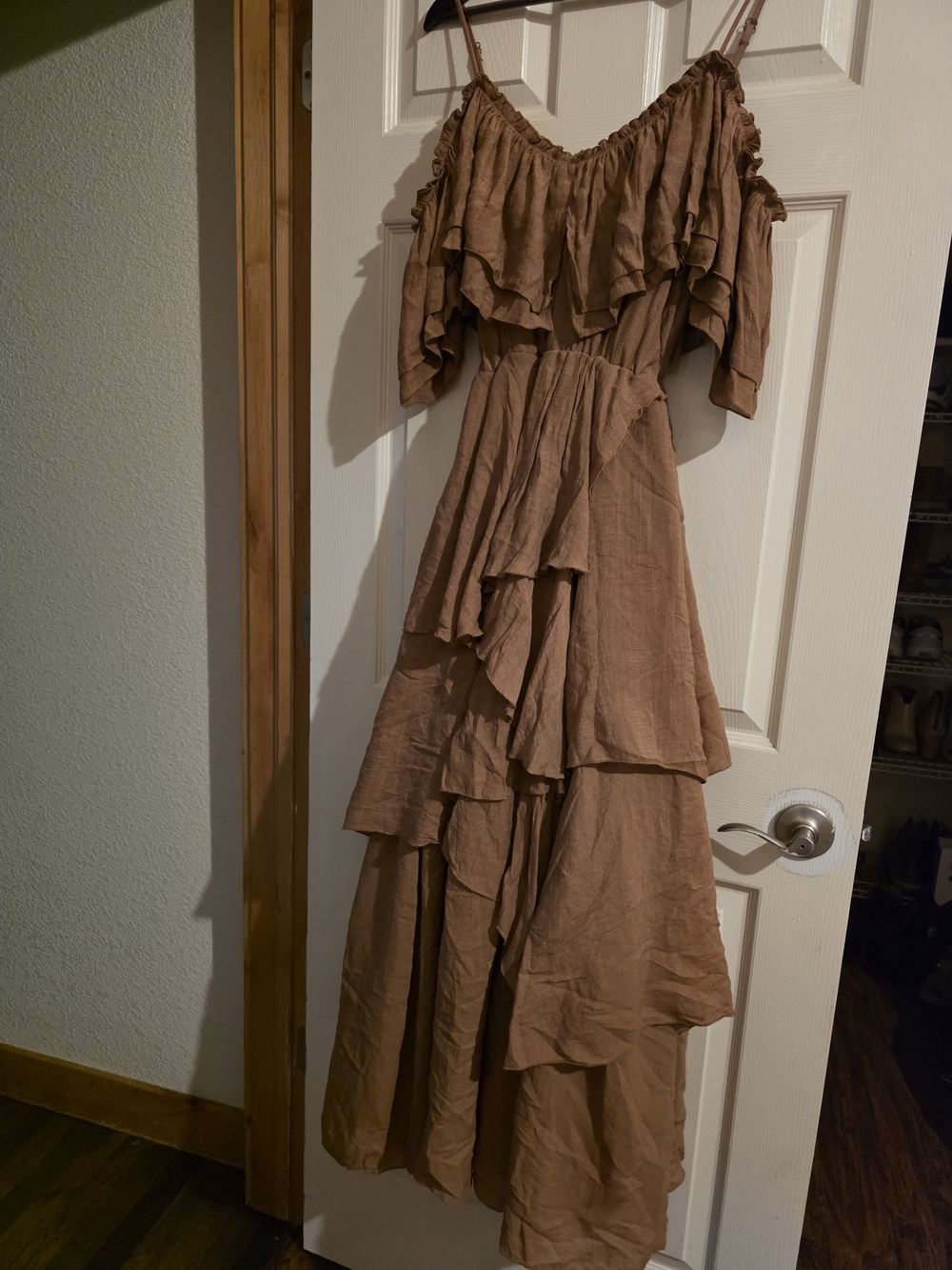 Joyfolie Taupe Brown Ruffle Tiered Maxi Dress